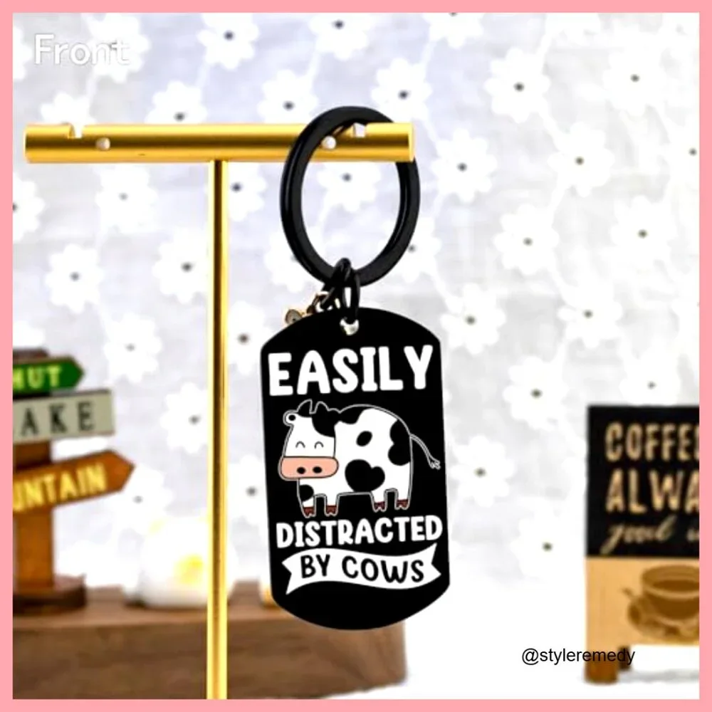 Stainless Steel Cow Keychain with Easily Distracted By Cows Print